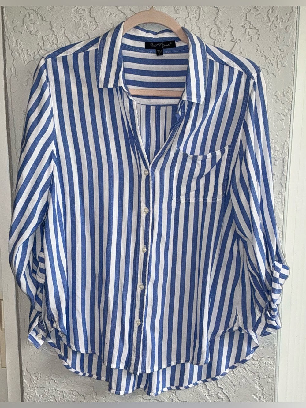Velvet Heart Blue and White Vertical Stripe Button-Down Blouse